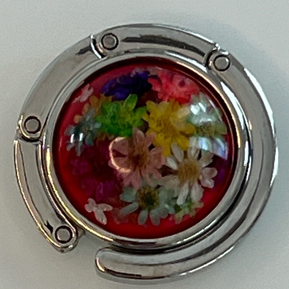 - Foldable Bag Hook/Purse Hanger - Handmade - Pink Flowers - Fits Most Tables - Picture 2 of 8